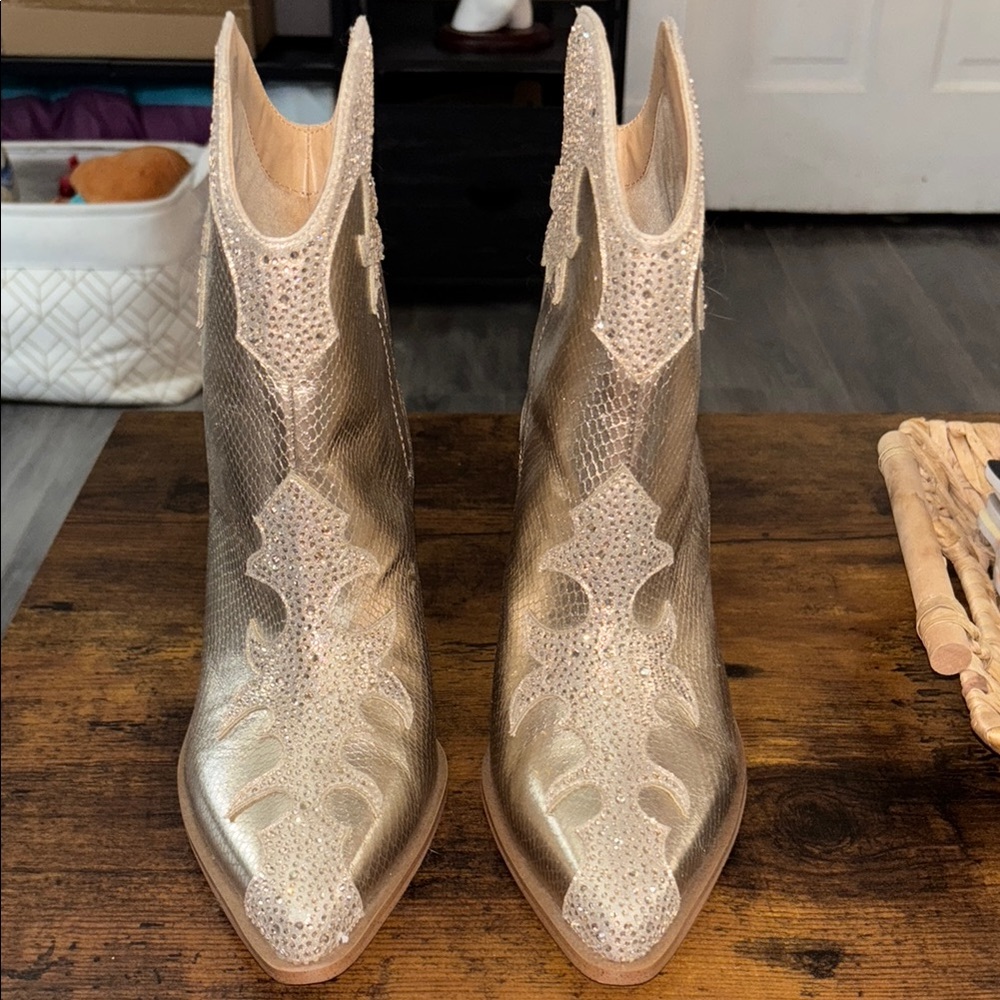 Jessica Simpson Gold Ankle Boots with Intricate Embroidery